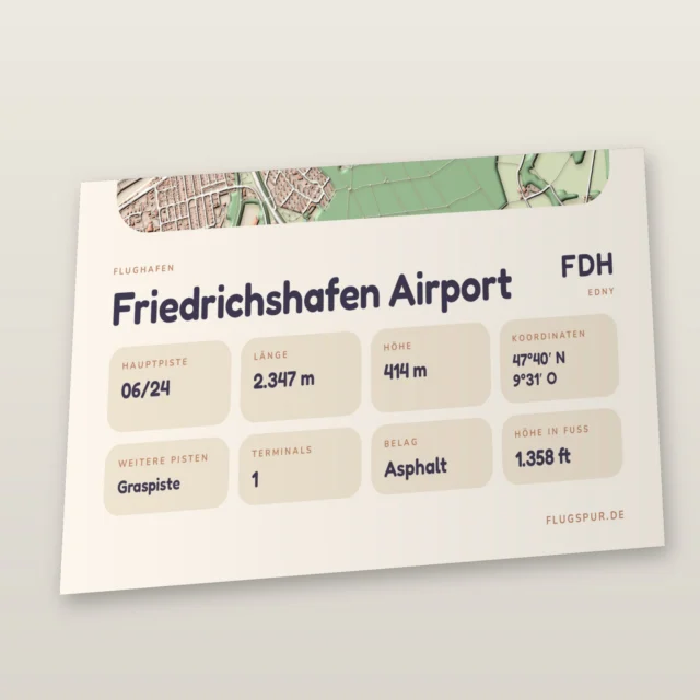 Poster Flughafen Friedrichshafen (FDH/EDNY), Stil Clay: Detailansicht mit Name, Kennung, Pistendaten und Koordinaten