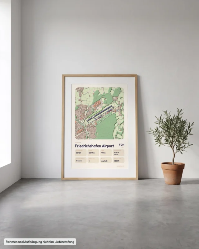 Poster Flughafen Friedrichshafen (FDH/EDNY) gerahmt, an die Wand gelehnt, Stil Clay