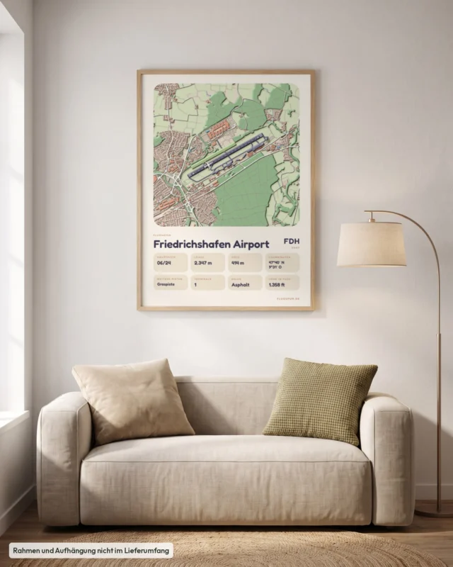 Poster Flughafen Friedrichshafen (FDH/EDNY) im Wohnzimmer, Stil Clay