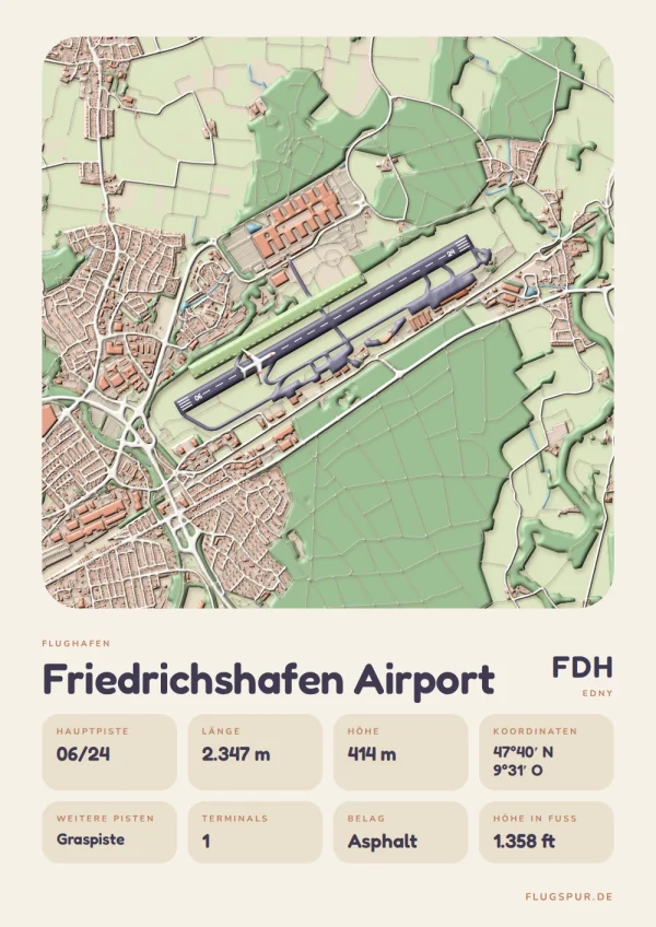 Poster Flughafen Friedrichshafen (FDH/EDNY), Stil Clay: Karte mit Pisten, Rollwegen und Terminals