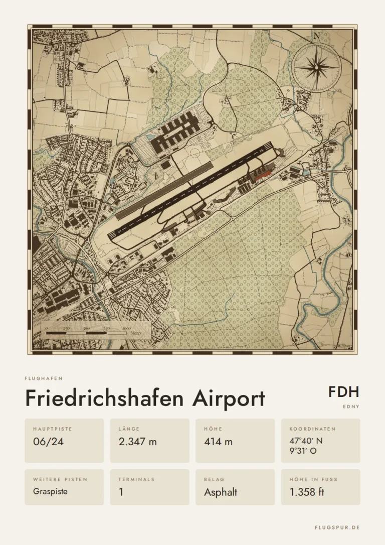 Poster Flughafen Friedrichshafen (FDH/EDNY), Stil Vintage