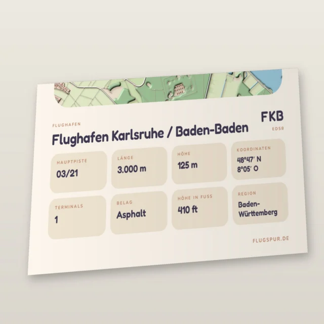 Poster Flughafen Karlsruhe/Baden-Baden (FKB/EDSB), Stil Clay: Detailansicht mit Name, Kennung, Pistendaten und Koordinaten
