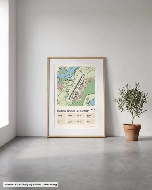 Poster Flughafen Karlsruhe/Baden-Baden (FKB/EDSB) gerahmt, an die Wand gelehnt, Stil Clay