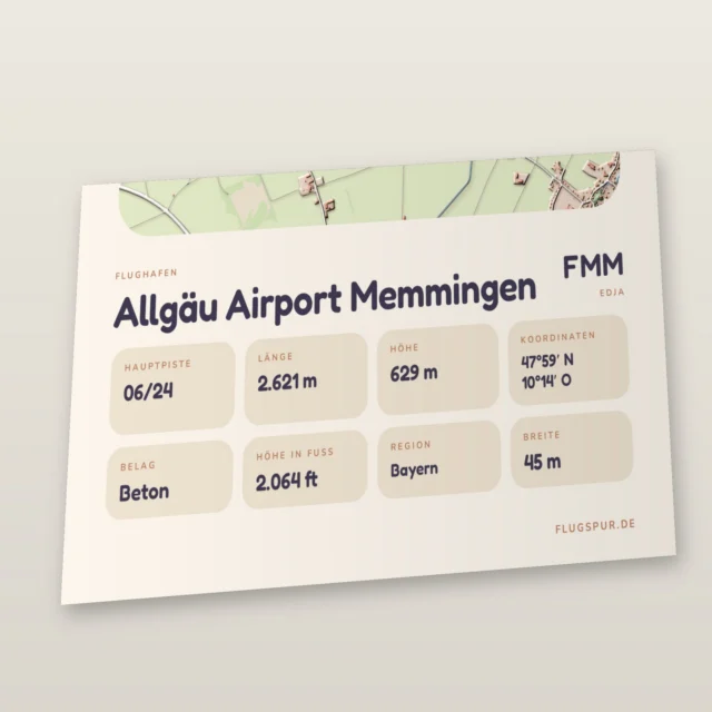 Poster Flughafen Allgäu Memmingen (FMM/EDJA), Stil Clay: Detailansicht mit Name, Kennung, Pistendaten und Koordinaten