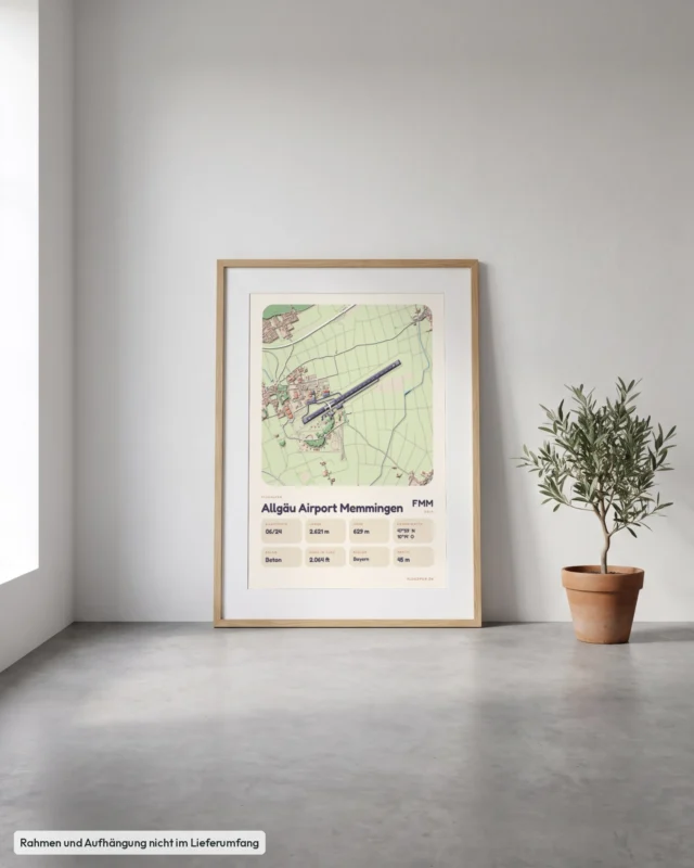 Poster Flughafen Allgäu Memmingen (FMM/EDJA) gerahmt, an die Wand gelehnt, Stil Clay