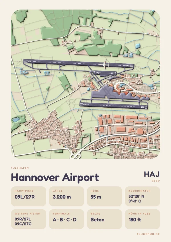 Poster Flughafen Hannover (HAJ/EDDV), Stil Clay: Karte mit Pisten, Rollwegen und Terminals