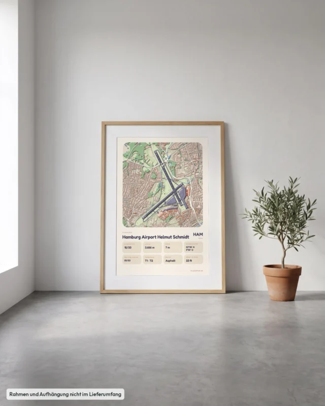 Poster Flughafen Hamburg (HAM/EDDH) gerahmt, an die Wand gelehnt, Stil Clay