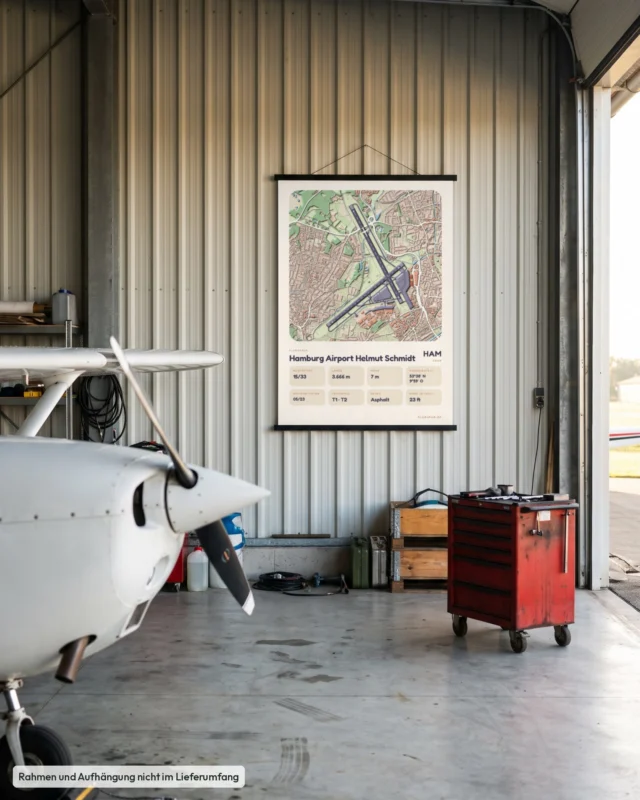 Poster Flughafen Hamburg (HAM/EDDH) im Hangar, Stil Clay