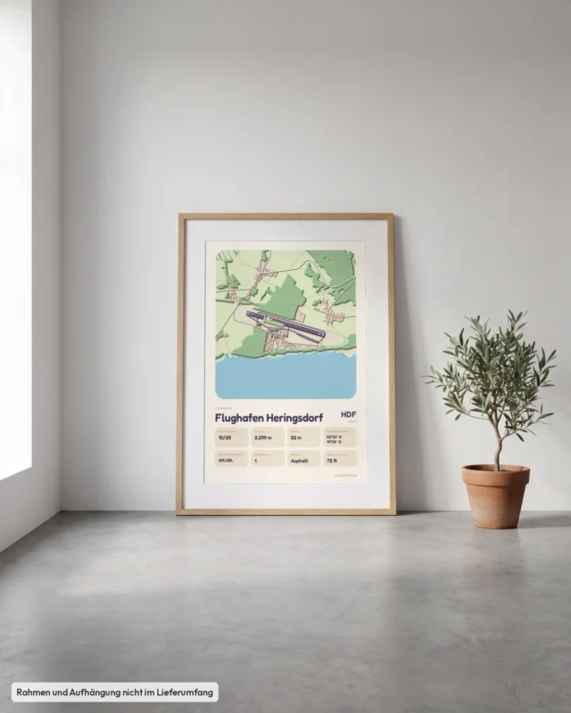 Poster Flughafen Heringsdorf (HDF/EDAH) gerahmt, an die Wand gelehnt, Stil Clay
