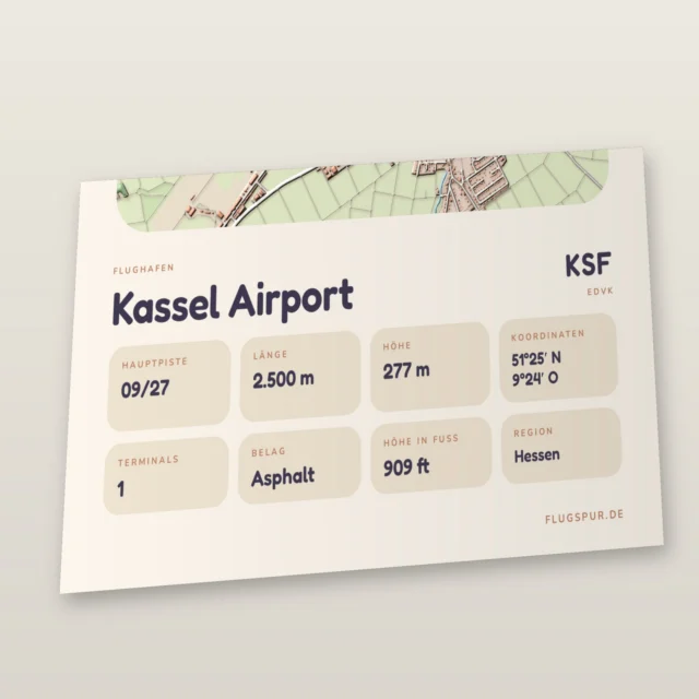 Poster Flughafen Kassel (KSF/EDVK), Stil Clay: Detailansicht mit Name, Kennung, Pistendaten und Koordinaten