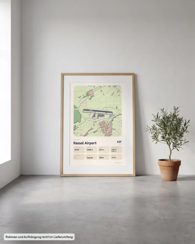 Poster Flughafen Kassel (KSF/EDVK) gerahmt, an die Wand gelehnt, Stil Clay