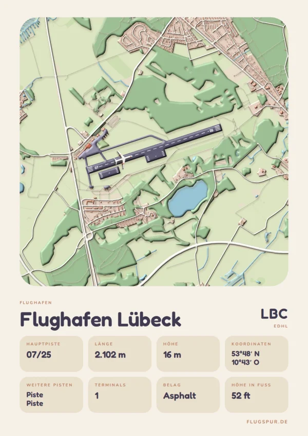 Poster Flughafen Lübeck-Blankensee (LBC/EDHL), Stil Clay: Karte mit Pisten, Rollwegen und Terminals