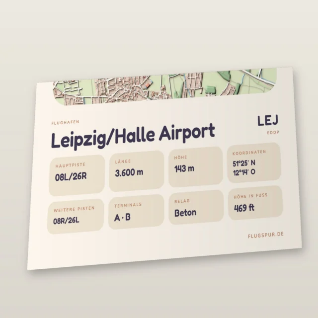 Poster Flughafen Leipzig/Halle (LEJ/EDDP), Stil Clay: Detailansicht mit Name, Kennung, Pistendaten und Koordinaten