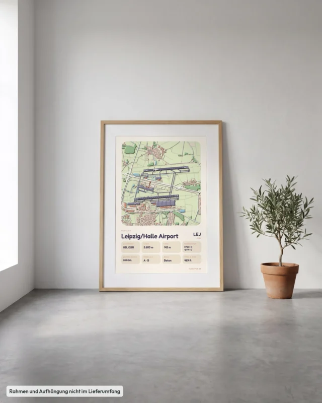 Poster Flughafen Leipzig/Halle (LEJ/EDDP) gerahmt, an die Wand gelehnt, Stil Clay