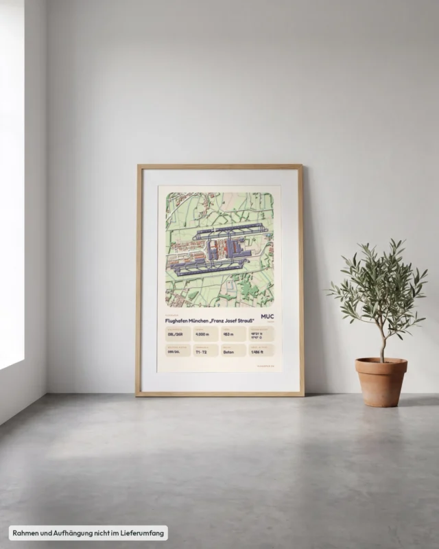 Poster Flughafen München (MUC/EDDM) gerahmt, an die Wand gelehnt, Stil Clay