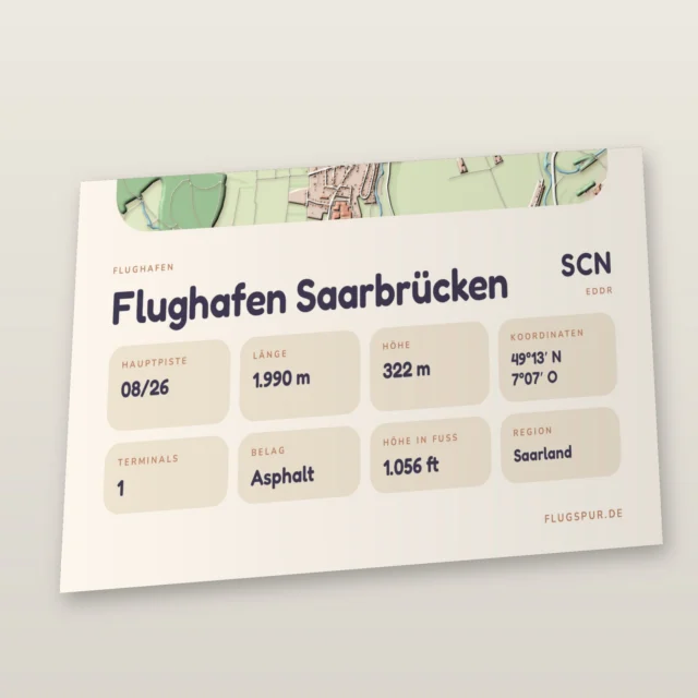 Poster Flughafen Saarbrücken (SCN/EDDR), Stil Clay: Detailansicht mit Name, Kennung, Pistendaten und Koordinaten
