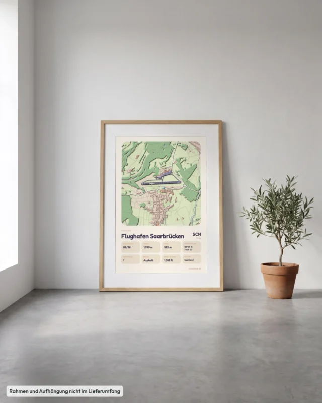 Poster Flughafen Saarbrücken (SCN/EDDR) gerahmt, an die Wand gelehnt, Stil Clay
