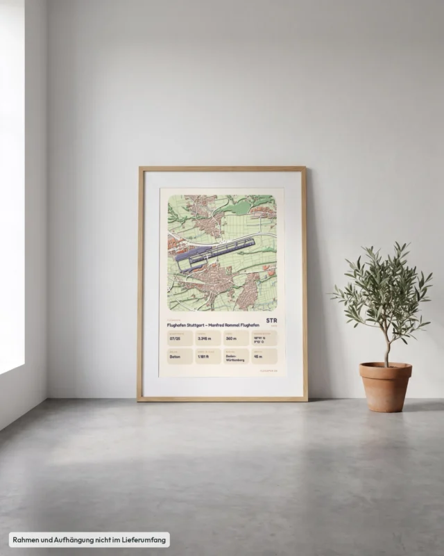 Poster Flughafen Stuttgart (STR/EDDS) gerahmt, an die Wand gelehnt, Stil Clay