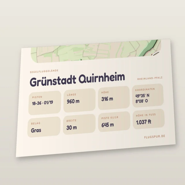 Poster Grünstadt Quirnheim im Stil Clay: Detailansicht von Name, Kennung, Piste und Koordinaten