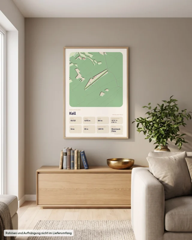 Poster Kell im Stil Clay: Wohnzimmer – Sideboard mit Fliegerbüchern, Eiche