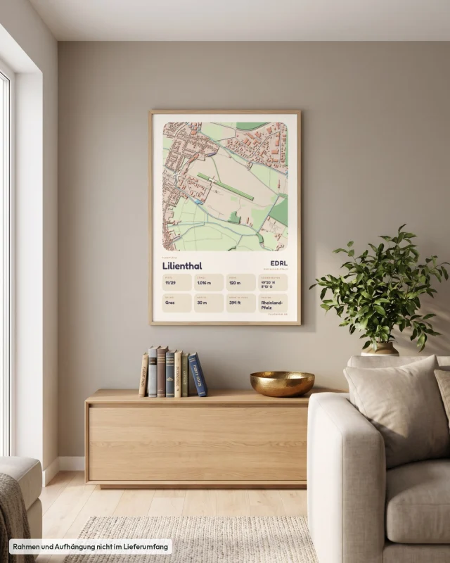 Poster Lilienthal im Stil Clay: Wohnzimmer – Sideboard mit Fliegerbüchern, Eiche