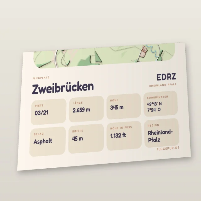 Poster Zweibrücken im Stil Clay: Detailansicht von Name, Kennung, Piste und Koordinaten