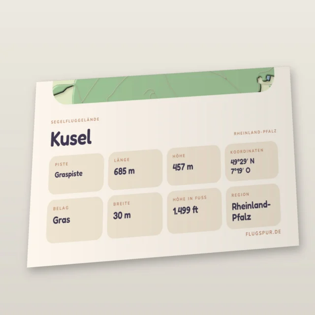 Poster Kusel im Stil Clay: Detailansicht von Name, Kennung, Piste und Koordinaten