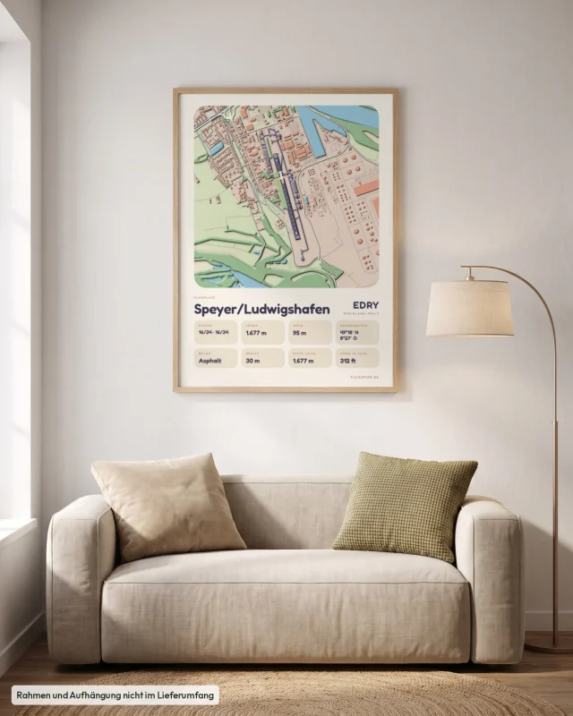 Poster Speyer/Ludwigshafen im Stil Clay: Wohnzimmer – Sofa, Eiche