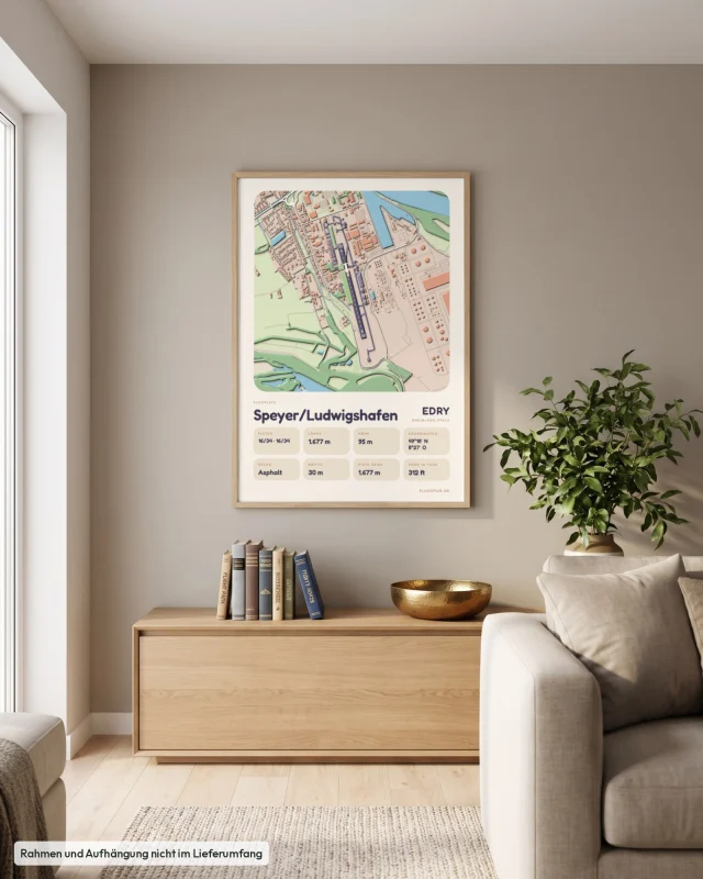 Poster Speyer/Ludwigshafen im Stil Clay: Wohnzimmer – Sideboard mit Fliegerbüchern, Eiche