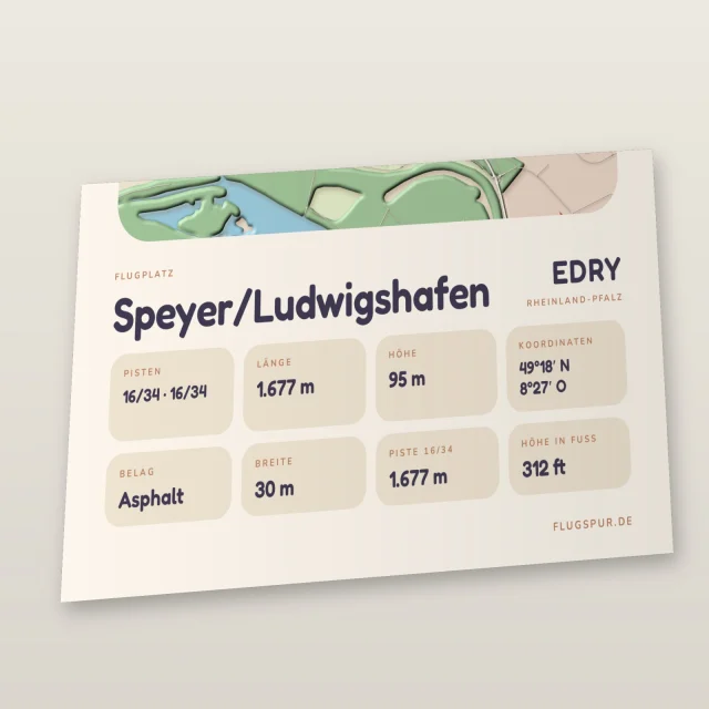 Poster Speyer/Ludwigshafen im Stil Clay: Detailansicht von Name, Kennung, Piste und Koordinaten