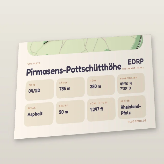 Poster Pirmasens-Pottschütthöhe im Stil Clay: Detailansicht von Name, Kennung, Piste und Koordinaten