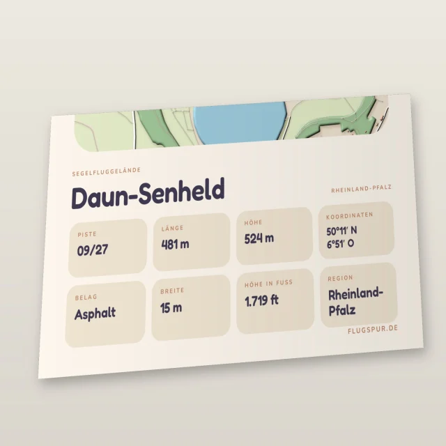 Poster Daun-Senheld im Stil Clay: Detailansicht von Name, Kennung, Piste und Koordinaten