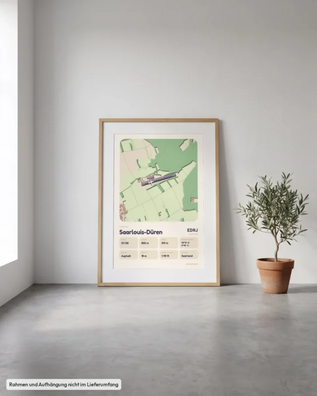 Poster Flugplatz Saarlouis-Düren (EDRJ) gerahmt, an die Wand gelehnt, Stil Clay