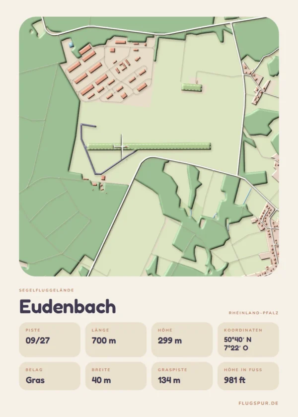Poster Eudenbach im Stil Clay: Karte des Platzes mit Piste und Umgebung
