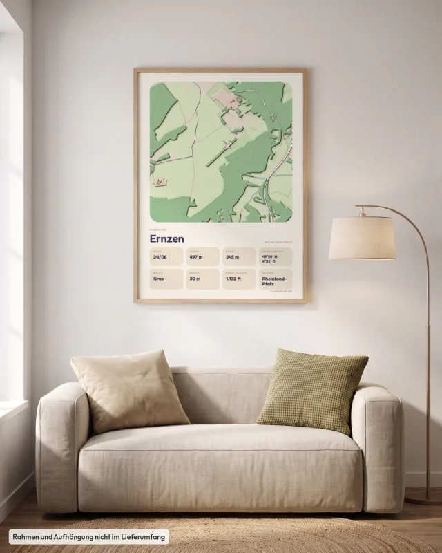 Poster Ernzen im Stil Clay: Wohnzimmer – Sofa, Eiche