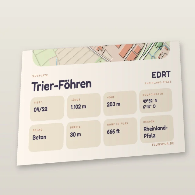 Poster Trier-Föhren im Stil Clay: Detailansicht von Name, Kennung, Piste und Koordinaten