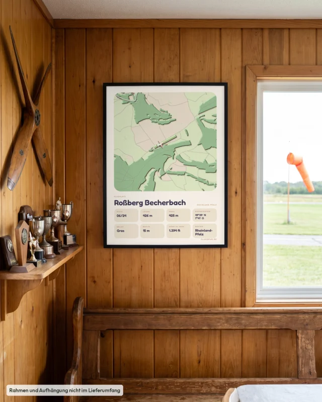 Poster Roßberg Becherbach im Stil Clay: Clubheim – Holzwand, Propeller, Windsack