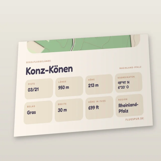 Poster Segelfluggelände Konz-Könen, Stil Clay: Detailansicht mit Name, Kennung, Pistendaten und Koordinaten