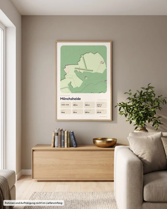 Poster Mönchsheide im Stil Clay: Wohnzimmer – Sideboard mit Fliegerbüchern, Eiche