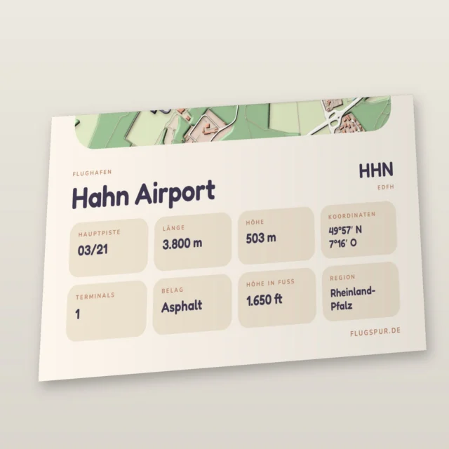Poster Flughafen Hahn (HHN/EDFH), Stil Clay: Detailansicht mit Name, Kennung, Pistendaten und Koordinaten
