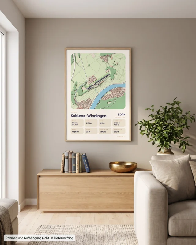 Poster Koblenz-Winningen im Stil Clay: Wohnzimmer – Sideboard mit Fliegerbüchern, Eiche