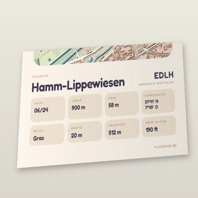Poster Flugplatz Hamm-Lippewiesen (EDLH), Stil Clay: Detailansicht mit Name, Kennung, Pistendaten und Koordinaten