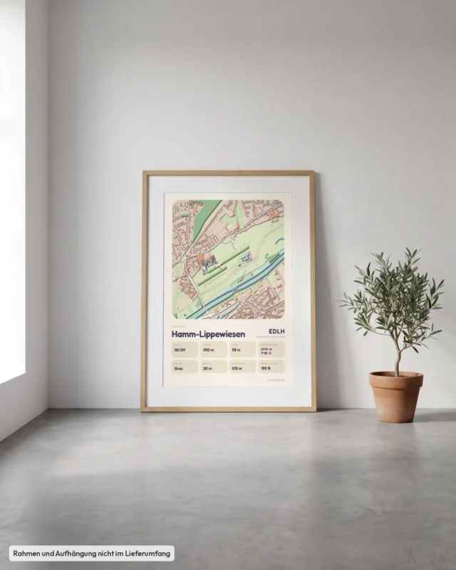 Poster Flugplatz Hamm-Lippewiesen (EDLH) gerahmt, an die Wand gelehnt, Stil Clay