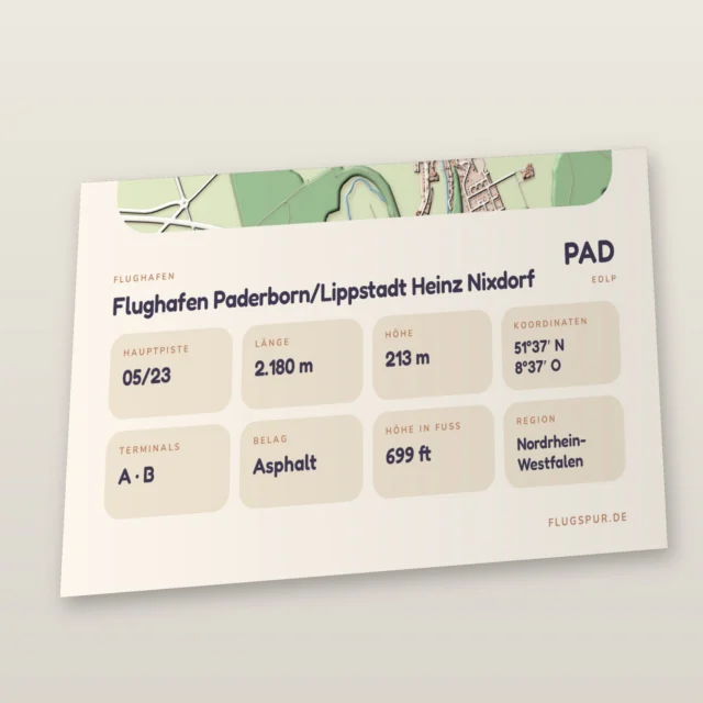 Poster Flughafen Paderborn/Lippstadt (PAD/EDLP), Stil Clay: Detailansicht mit Name, Kennung, Pistendaten und Koordinaten