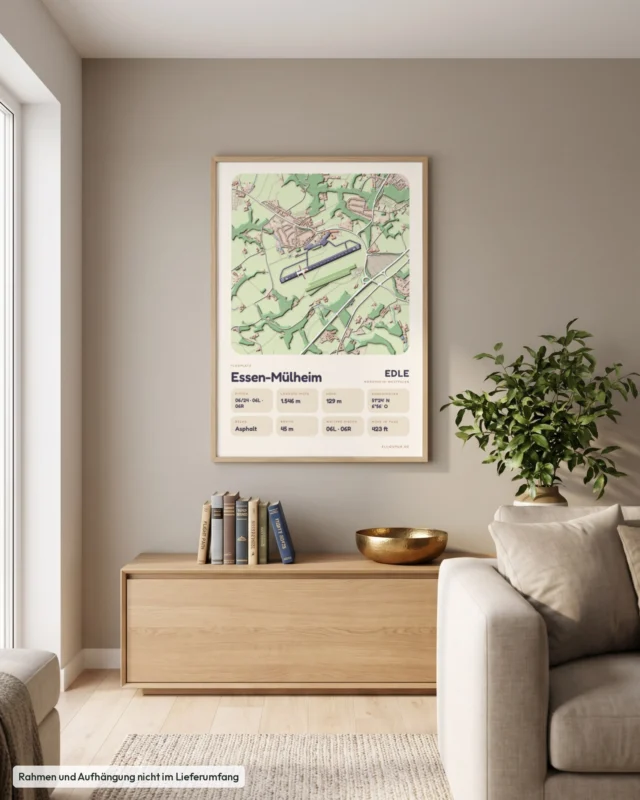 Poster Essen-Mülheim im Stil Clay: Wohnzimmer – Sideboard mit Fliegerbüchern, Eiche