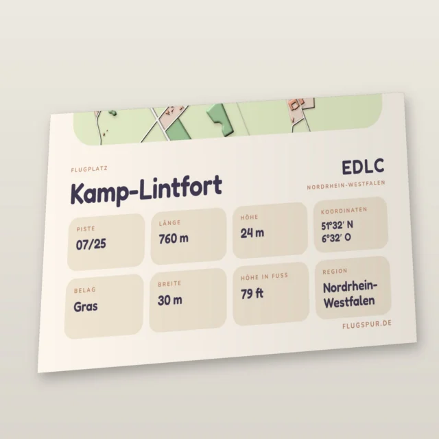 Poster Kamp-Lintfort im Stil Clay: Detailansicht von Name, Kennung, Piste und Koordinaten