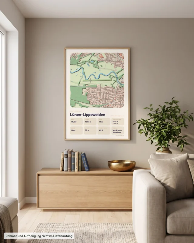 Poster Lünen-Lippeweiden im Stil Clay: Wohnzimmer – Sideboard mit Fliegerbüchern, Eiche