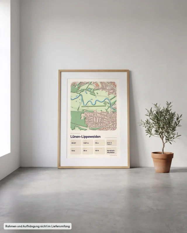 Poster Lünen-Lippeweiden im Stil Clay: Angelehnt – Eiche mit Passepartout, Betonboden