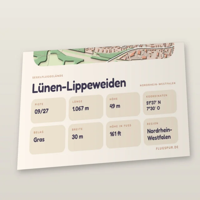 Poster Lünen-Lippeweiden im Stil Clay: Detailansicht von Name, Kennung, Piste und Koordinaten