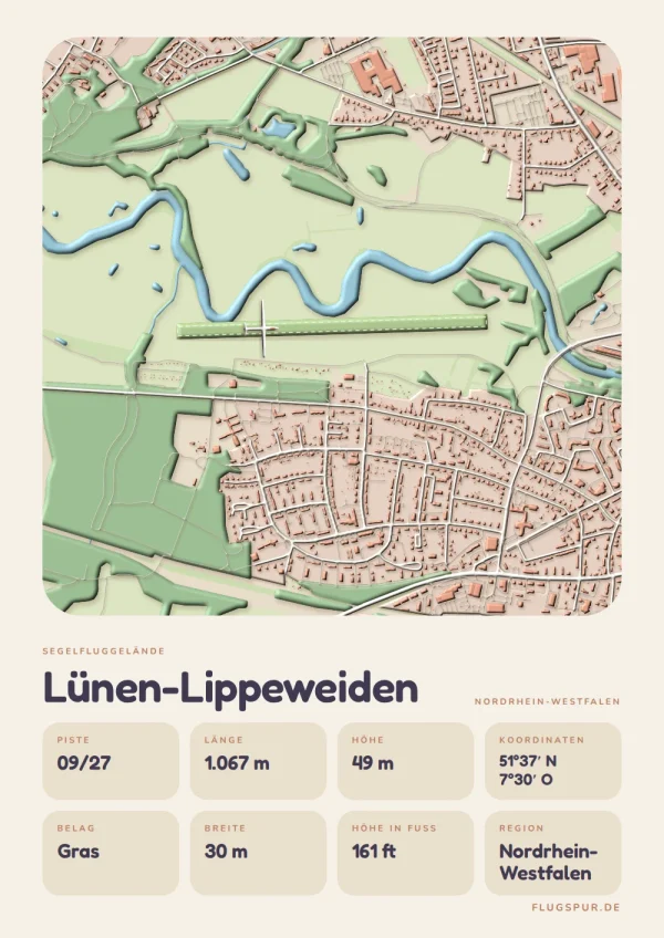Poster Lünen-Lippeweiden im Stil Clay: Karte des Platzes mit Piste und Umgebung
